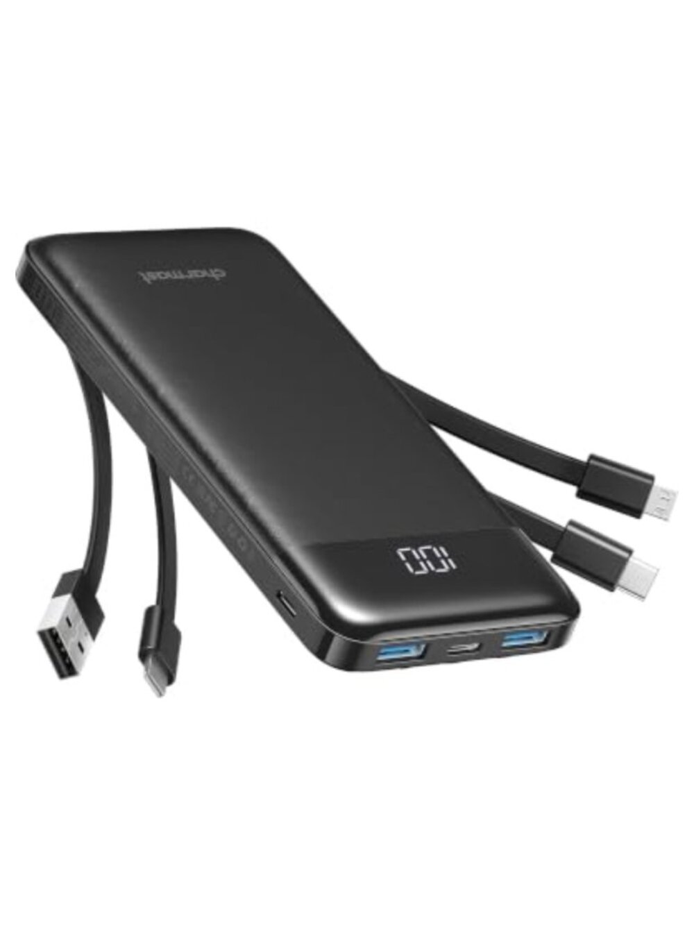 10000mAh Power Bank Built in 4 Cables Portable Charger LED Display